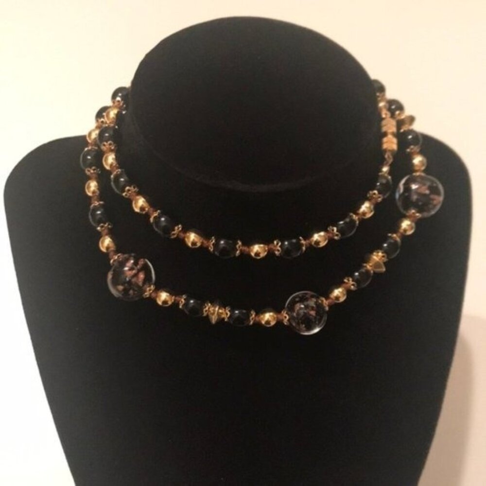 🖤✨ Vintage Black & Goldtone Murano Glass Beaded Necklace | 24”